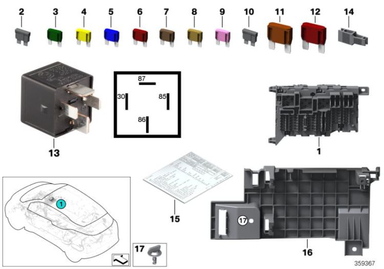 71239367814 Map fuse grouping Vehicle electrical system Single components for fuse housing BMW X2 X2  F45 F46 X1  >359367<, Plano, equipo de fusibles