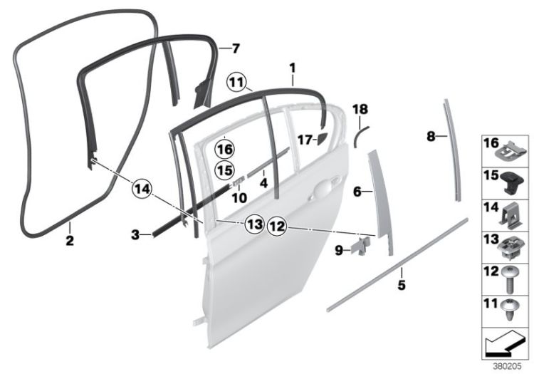 Window guide, right rear door, Number 01 in the illustration