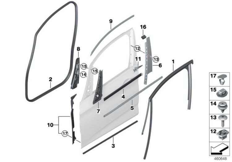 Guide de vitre de porte avant gauche, numéro 01 dans l'illustration