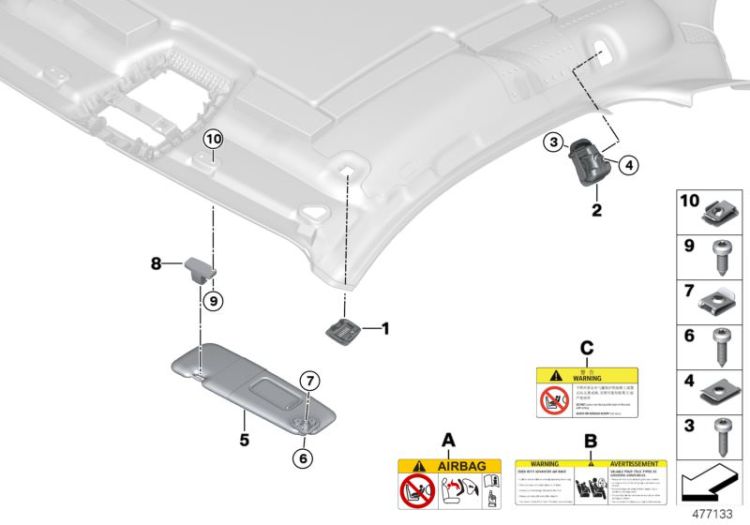 Mounting parts, roofliner ->