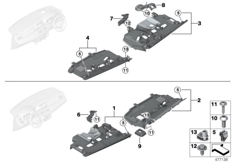 51459199133 Driver´s footwell trim panel Vehicle trim Instrument carrier  mounting parts BMW 5er F10 51459199132 F07 F07N >477138<, Revestim. vano reposapiés conductor