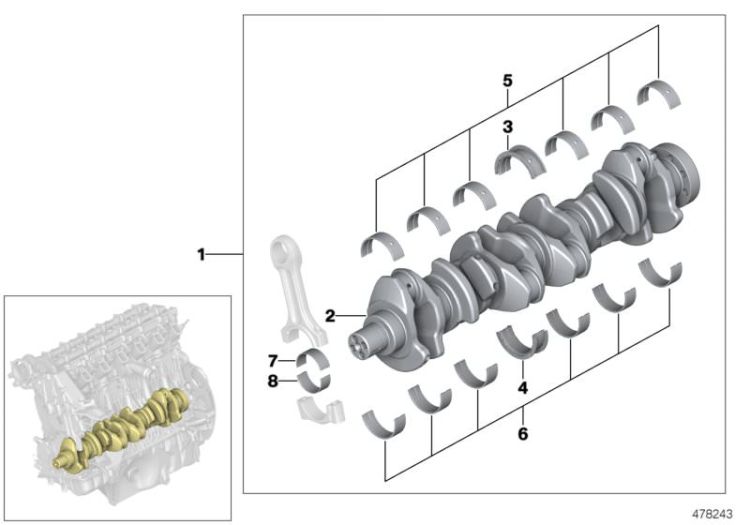 Crankshaft with bearing shells ->48470113460