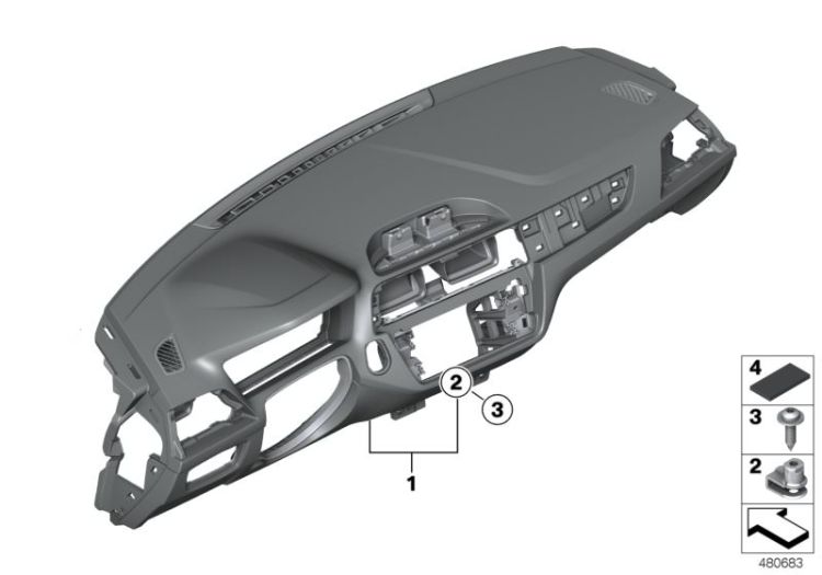 51457943499 Instrument panel with decor seam brown Vehicle trim Instrument carrier  mounting parts BMW 2er F23 F22N >480683<, Plancia strumenti con cucitura decorat.