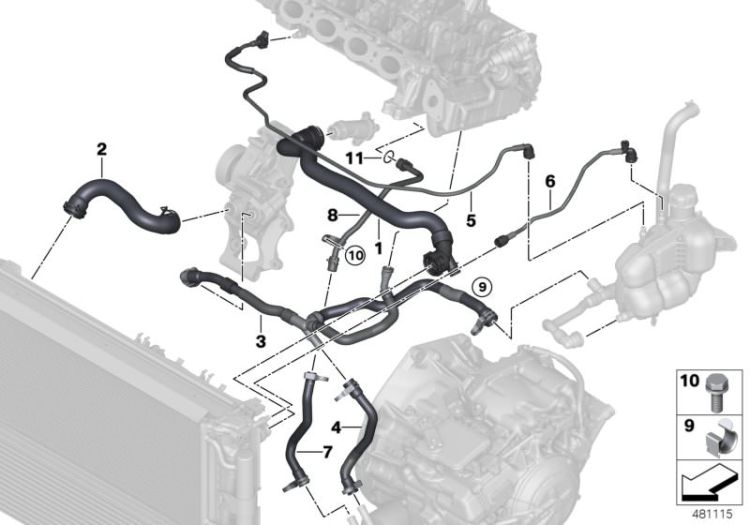 Cooling system coolant hoses ->