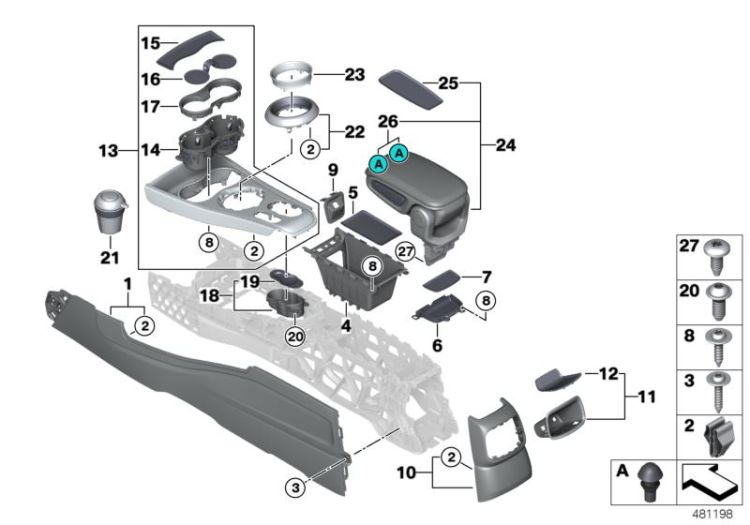 Bac de rangement console centrale, numéro 04 dans l'illustration