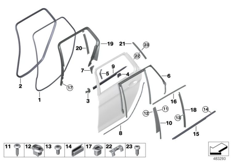 Trims and seals, door, rear ->58523514989