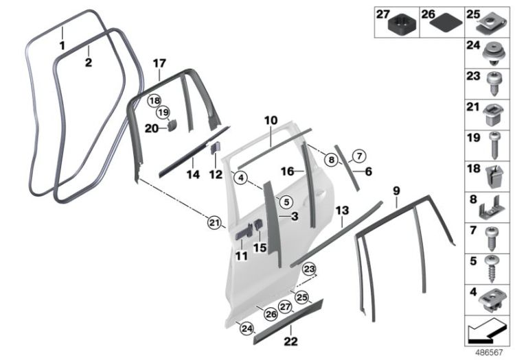 51357410041 Window frame cover rear left door Vehicle trim Door rear BMW X4 X4  X3  >486567<, Paramento marco ventana puerta tras.iz.